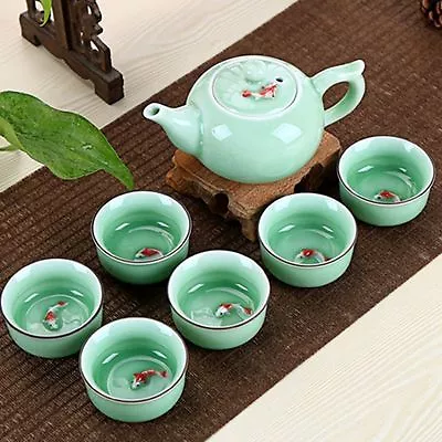 Buy Ceramic 3D Koi Fish Kung Fu Tea Cup Tea Ceremony Teapot Matcha Cup Set 7pcs • 27.46£