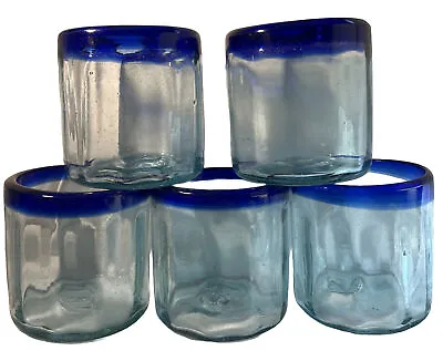 Buy Set 5 Mexican Hand Blown Glassware Cobalt Blue Rim Clear Bottom Tumblers 12 Oz • 37.05£