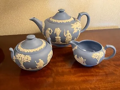 Buy Wedgwood Blue And White Jasper Ware Tea Pot, Covered Sugar Basin & Milk Jug.1954 • 180£