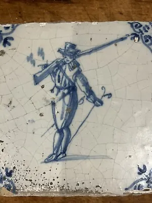 Buy Antique 17th Century Delft Tile Gentleman With Musket. Sword & Stick • 40£
