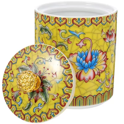 Buy Ceramic Tea Canister With Lid, Flower Pattern, Yellow • 14.59£