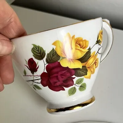 Buy Delphine Bone China Tea Cup Saucer Set Made England Red Yellow Roses Gold Trim • 17.29£