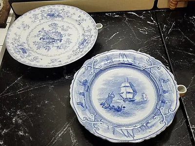 Buy 2-Antique Warming Plates, Nankin, FMR Co. 1800's Blue & White  Ship &  Floral  • 47.32£