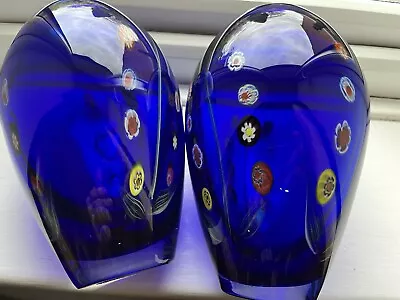 Buy 8” Pair Of Murano Millefiori Blue Cobalt Heavy Glass Vases • 115£