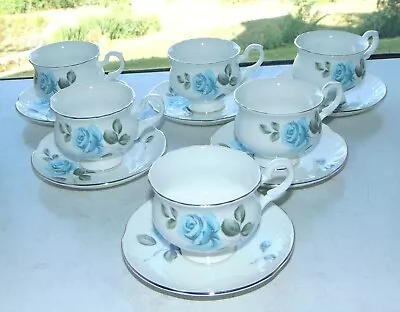 Buy Crown Staffordshire Bone China  6 X Footed Cups And Saucers Blue Rose C1960s • 20£