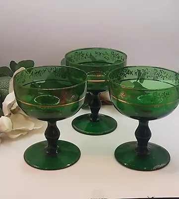 Buy Vintage Set Of Three Emerald Green And Gold Gilt Bohemia Czeck Footed Champagne • 26£