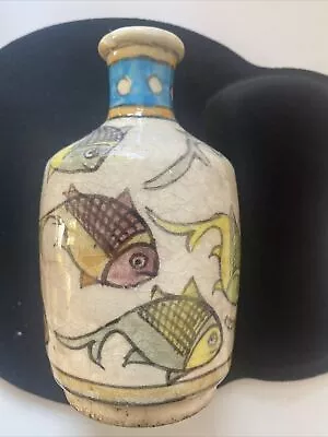 Buy Antique Persian Pottery Glazed Qajar Vase Floral 6  Fish • 65£