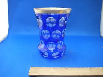 Buy Antique CZECHOSLOVAKIA Bohemian Glass CUP / VASE-Blue Cut To Clear-Gilt Rim • 72.38£