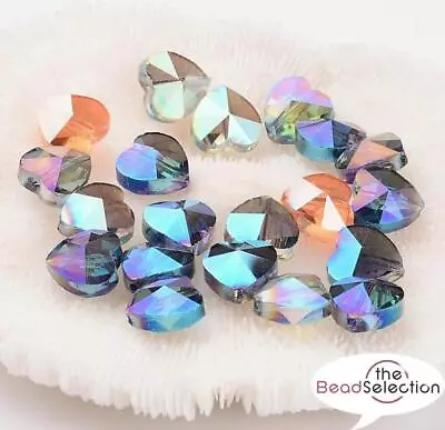 Buy 10 Pendant Heart Beads Faceted Cut Glass Crystal 10mm Rainbow AB Lustre GLS6 • 3.29£