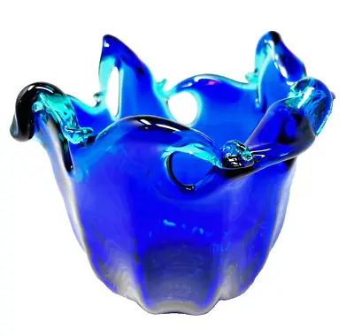 Buy Large Vintage Murano Hand Blown Blue & Green Crystal Wave Vase • 57.67£