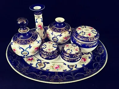Buy Vintage Cobalt Blue, Gold & Floral Noritake China 7 Piece Dressing Table Set • 50£