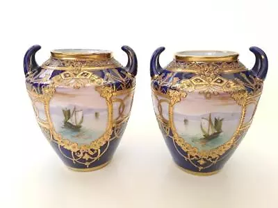 Buy Pair Of Noritake Vases With Boat Scenes, Jewels & Gold Beaded Gilding • 60£