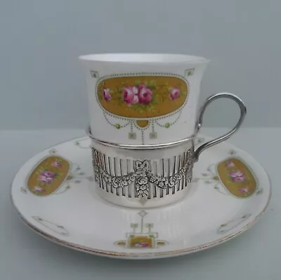 Buy A Shelley 8627 Unhandled Coffee Cup & Saucer With Silver Hallmarked Holder.C1912 • 95£