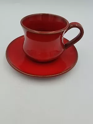 Buy Vtg French Vallauris Majolica Pottery Flame Red Highly Glazed Cup & Saucer Duo • 16.99£