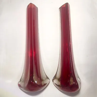 Buy 2x Whitefriars Ruby Red Tricorn Glass Vases Geoffrey Baxter #9570 9.5” • 29.99£