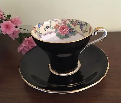 Buy RARE Vintage AYNSLEY Bone China Tea Cup & Saucer Black W Gold Trim Roses Flowers • 31.22£