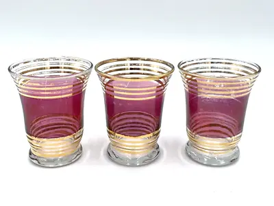 Buy 3 Vtg Cranberry Gold Trim Shot Glass Votive Candle Holders Valentines Pink Flaw • 14.20£