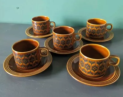 Buy Hornsea Heirloom Brown Pottery Cups And Saucers - Set Of 5 Vintage 1977 • 15£