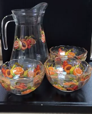 Buy Vintage 1970’s Glass Decorated With Fruit X6 Bowls & Jug  Set Arcoroc France • 4£