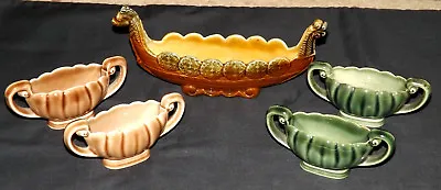 Buy 4 Wade Pottery Ornamental Handled Brown & Green Posy Vases & 1 X Viking Longboat • 19.25£