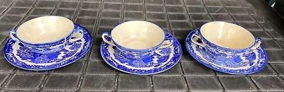 Buy VTG Antique Blue Willow Boullion Cup Saucer Set Marked Japan  3 Sets • 24.32£