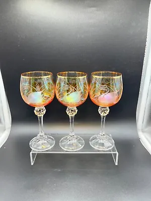 Buy VTG 3 Czech Bohemian Orange W/Gold Rim & Swan Pattern Crystal Wine Glasses • 41.73£