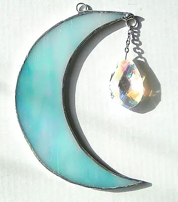 Buy Iridescent Turquoise Moon Crystal Drop Stained Glass Suncatcher Window Hanging • 16.95£