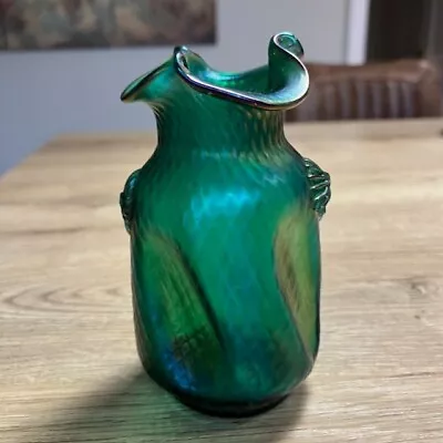 Buy Antique Art Nouveau Iridescent Emerald Green Glass Vase • 22£