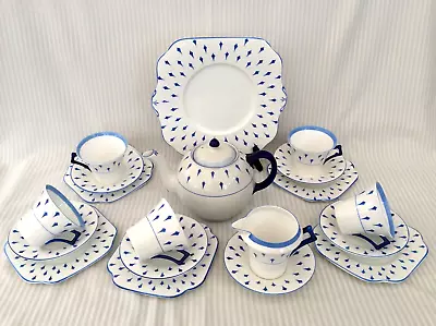 Buy Vintage Colclough Royal Vale Art Deco Blue Geometric Bone China Tea Set. 18 Pcs. • 60£