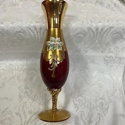 Buy 124- Vintage Bohemian Ruby Red Glass Vase Painted Gold Flowers 10  Gilt Footed • 28.45£