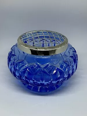 Buy Vintage Caithness Cobalt Blue Cut Glass Rose Bowl With Silver Plate Trivet Lid • 20£