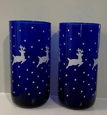 Buy Set Of 2 Libbey Cobalt Blue 16 Oz Reindeer Tumblers • 17.29£