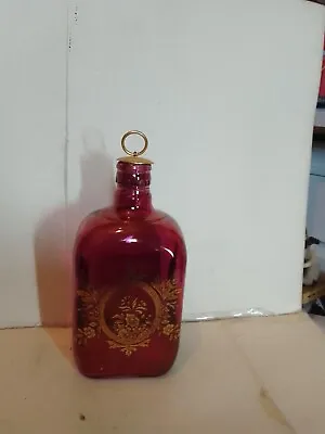 Buy Vintage Cranberry Glass ,gilt Decanter With Brass & Cork Stopper 8 1/4  Tall • 16£