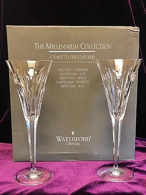 Buy PAIR 2000 Millennium Waterford Crystal Fluted LOVE Champagne Glasses Stems W Box • 96.51£