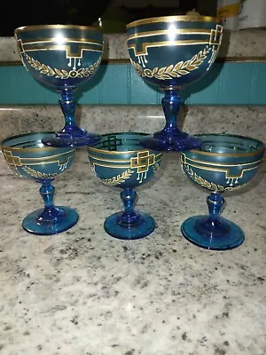 Buy Vintage Bohemian Czech Cordial/Liqueur Glasses Cobalt Blue & Gold Set Of 5 Vtg • 45.07£