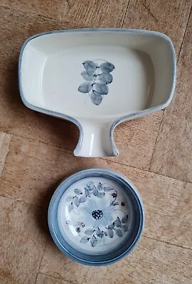 Buy Vintage Jersey Pottery White & Grey/blue Floral Design Sauce Dish & Small Bowl • 4.99£