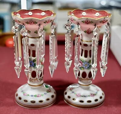 Buy Antique 2 Cased Art Glass Candlesticks. Bohemian Czech Mantle Lusters & Prisms. • 433.89£