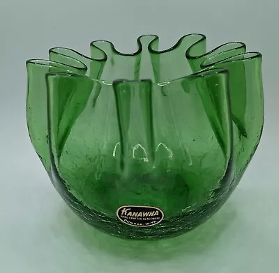 Buy Kanawha Blown Green Crackle Glass Wavy Ruffle Rose Bowl Vase MCM Sticker • 52.17£