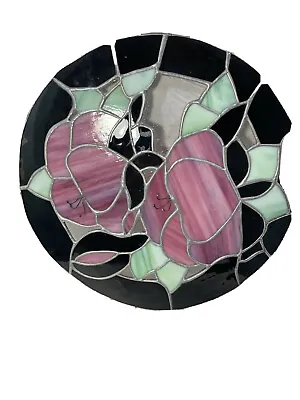 Buy Leaded Stained Glass 12” Round Panel-Pink Floral Black Border Hand Made & Signed • 66.58£