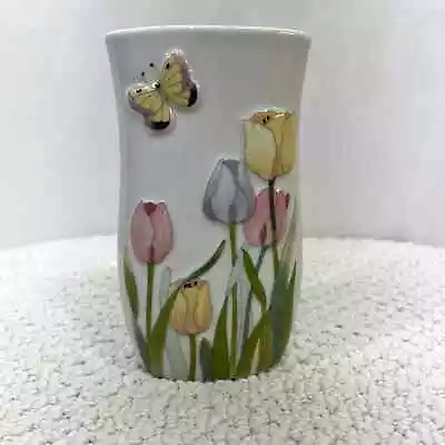 Buy VTG Flower Bud Vase Wide Flat White Ceramic 5.5  Tulip Butterfly Pastel Japan • 17.09£