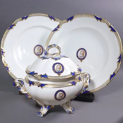 Buy Antique 19thc Scottish Armorial Porcelain Tureen  & Two Plates Cunningham Clan. • 380£