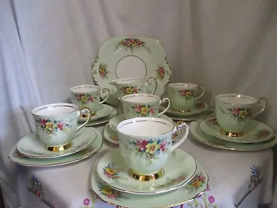 Buy Bone China Tea Set Windsor Six Trios Cake Plate Mint Green Vintage Floral 21 Pc • 45£