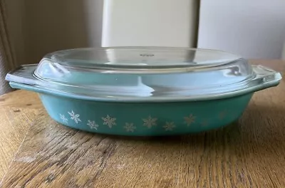 Buy VINTAGE PYREX TABLEWARE TURQUOISE SNOWFLAKE SPLIT OVAL SERVING DISH With Lid • 32.99£