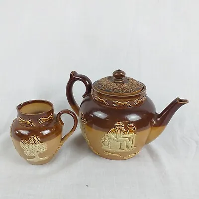 Buy Antique Royal Doulton Lambeth Harvest Salt Glazed Stoneware Teapot And Jug (H25) • 9.99£