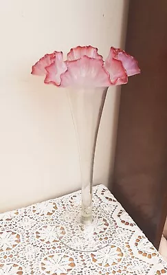 Buy Elegant Cranberry Vaseline Glass Long Stem Frilled Fluted Vase Beautiful  • 70£