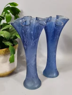 Buy Vintage Style Fluted Glass Vases Blue Pair Ice Effect 7in Tall  • 24.99£