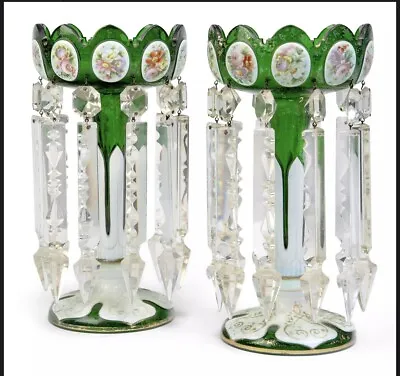 Buy Antique 19th Cent Pair Of Bohemian Green Glass Lustres Lights No Chip No Cracks • 2,250£
