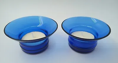 Buy Pair Of Cobalt Blue Glass Tealight/Candle Holders Flared Design 4cm Tall • 11.66£