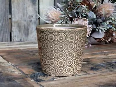 Buy Antique Green Circles Ceramic Plant Pot Cover, Geometric Design Planter 13x14cm • 8£