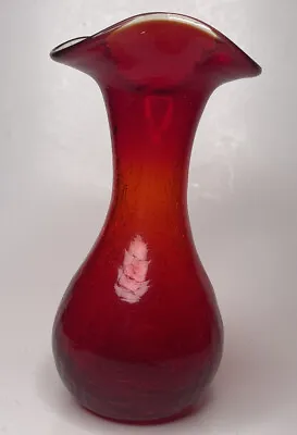 Buy Vintage Hand Blown Red Crackle Glass Vase With Clear   Edge And Scalloped Rim • 27.51£